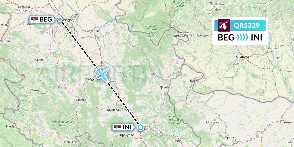 QR5329 Qatar Airways Flight Map: Belgrade to Nis