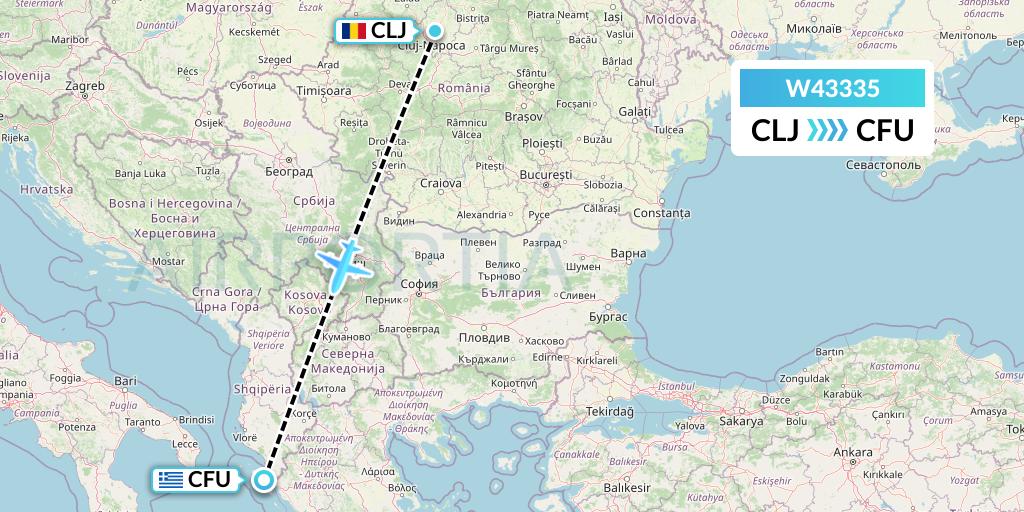 W43335 Wizz Air Malta Flight Map: Cluj-Napoca to Corfu
