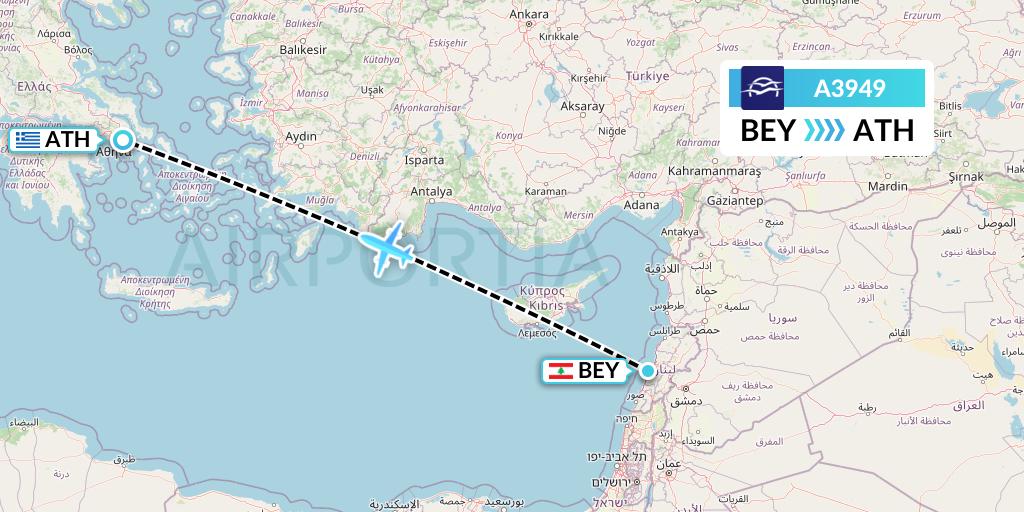 A3949 Aegean Airlines Flight Map: Beirut to Athens