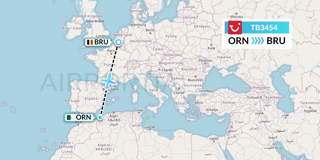 TB3454 TUI fly Belgium Flight Map: Oran to Brussels