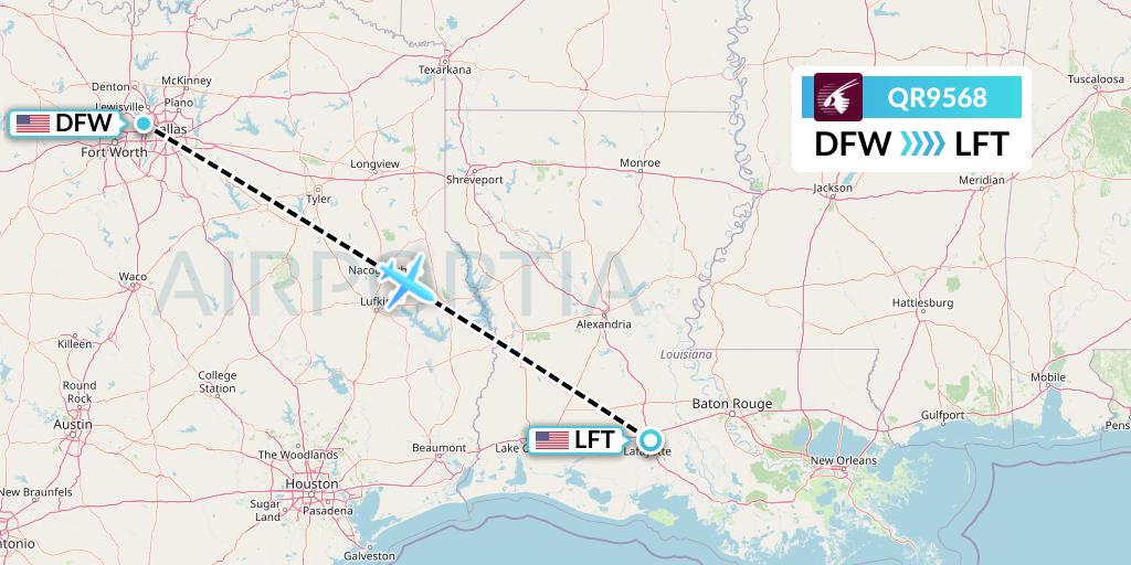 QR9568 Qatar Airways Flight Map: Dallas to Lafayette