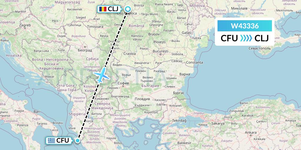 W43336 Wizz Air Malta Flight Map: Corfu to Cluj-Napoca