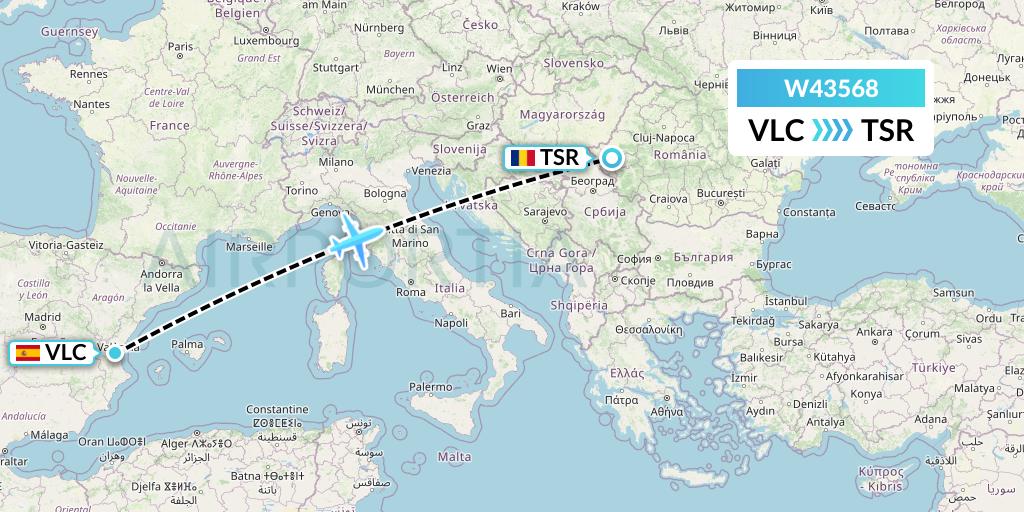 W43568 Wizz Air Malta Flight Map: Valencia to Timisoara