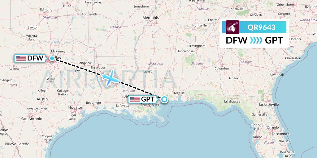 QR9643 Qatar Airways Flight Map: Dallas to Gulfport