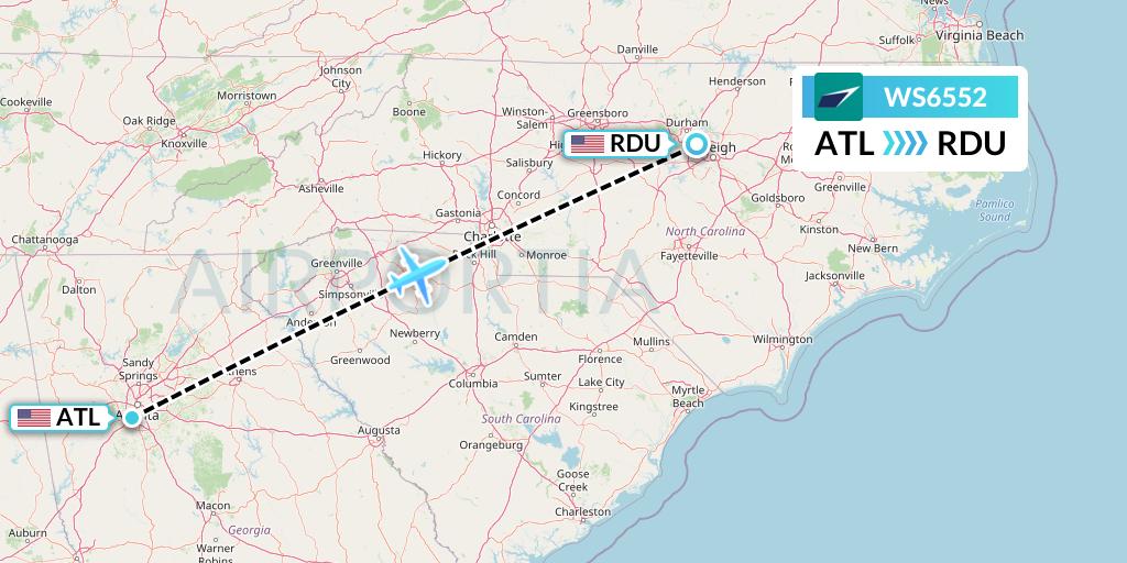 WS6552 WestJet Flight Map: Atlanta to Raleigh-Durham