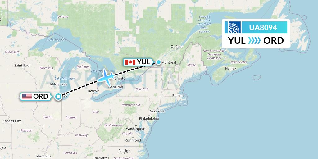 UA8094 United Airlines Flight Map: Montreal to Chicago