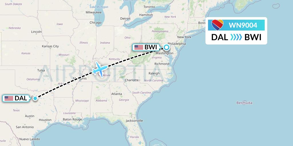 WN9004 Southwest Airlines Flight Map: Dallas to Baltimore