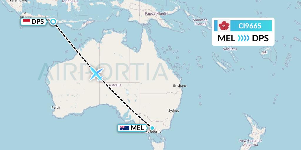 CI9665 China Airlines Flight Map: Melbourne to Denpasar