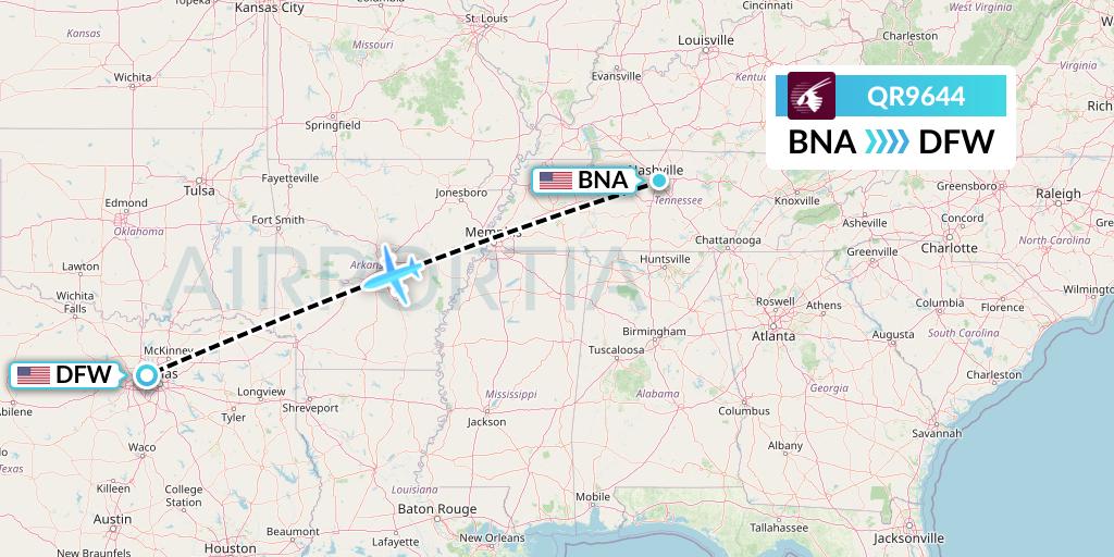 QR9644 Qatar Airways Flight Map: Nashville to Dallas
