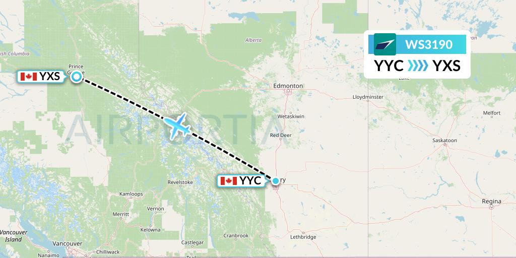 WS3190 WestJet Flight Map: Calgary to Prince George