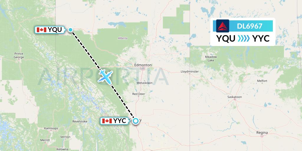 DL6967 Delta Air Lines Flight Map: Grande Prairie to Calgary