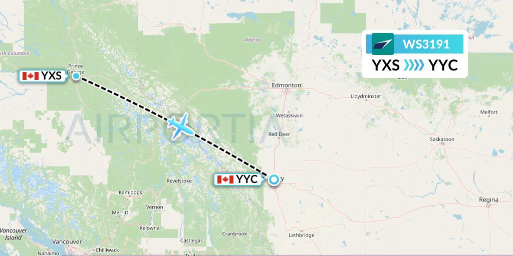 WS3191 WestJet Flight Map: Prince George to Calgary