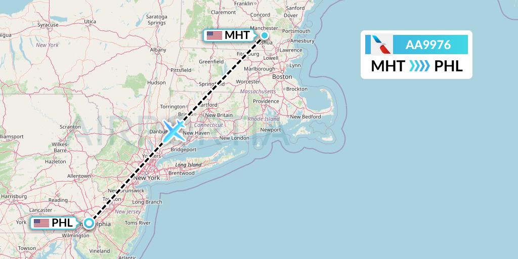 AA9976 American Airlines Flight Map: Manchester to Philadelphia