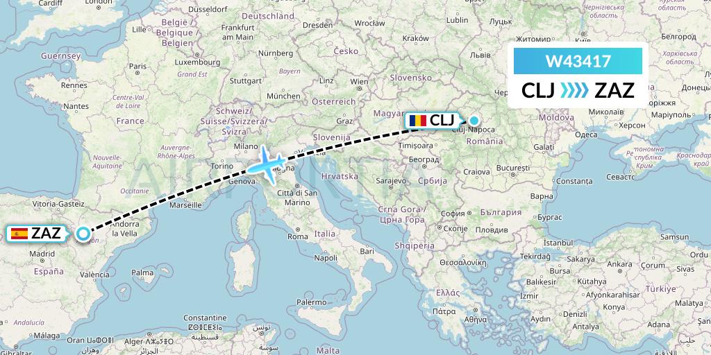 W43417 Wizz Air Malta Flight Map: Cluj-Napoca to Zaragoza
