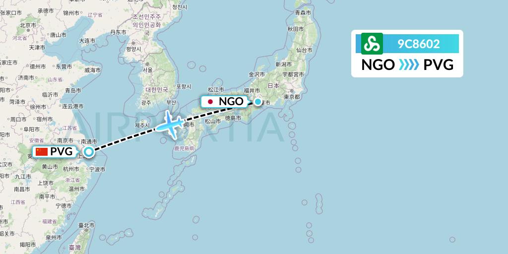 9C8602 Spring Airlines Flight Map: Nagoya to Shanghai