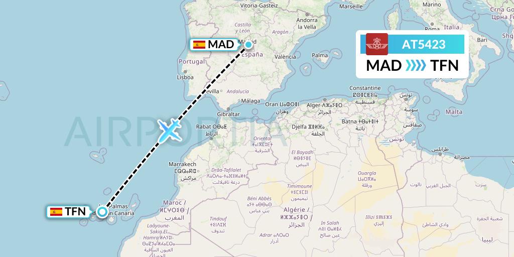 AT5423 Royal Air Maroc Flight Map: Madrid to Tenerife