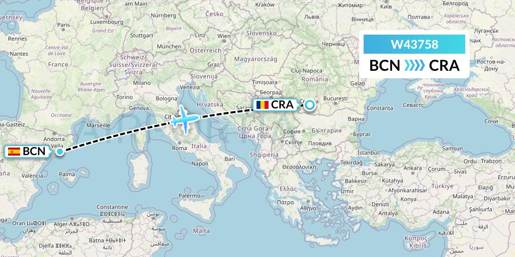 W43758 Wizz Air Malta Flight Map: Barcelona to Craiova