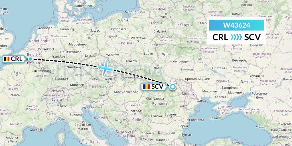 W43624 Wizz Air Malta Flight Map: Brussels to Suceava