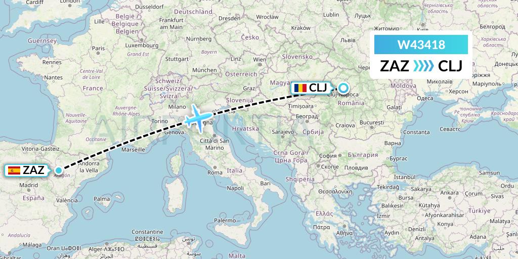 W43418 Wizz Air Malta Flight Map: Zaragoza to Cluj-Napoca