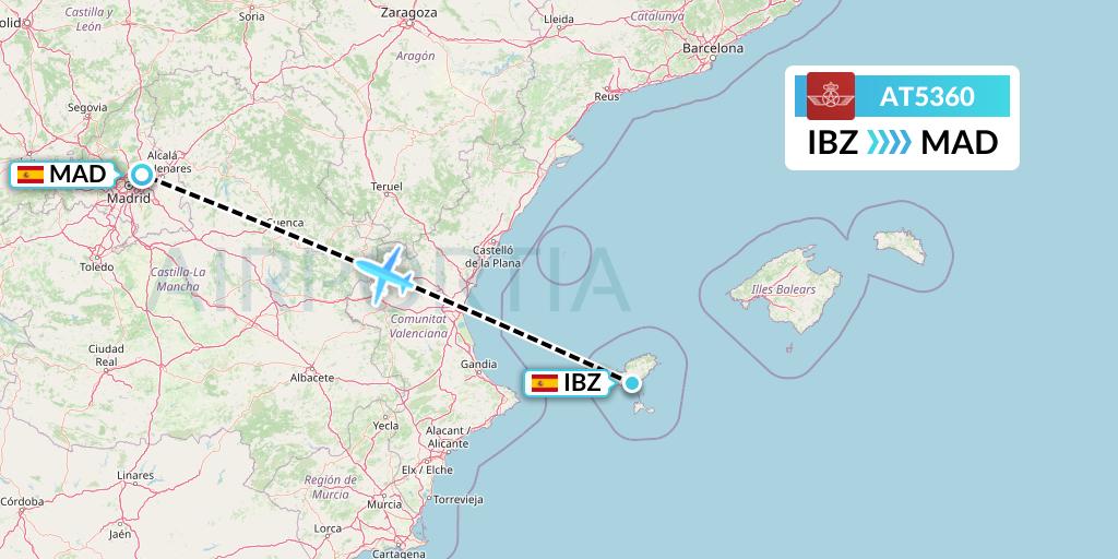 AT5360 Royal Air Maroc Flight Map: Ibiza to Madrid
