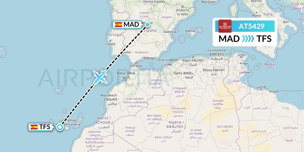 AT5429 Royal Air Maroc Flight Map: Madrid to Tenerife