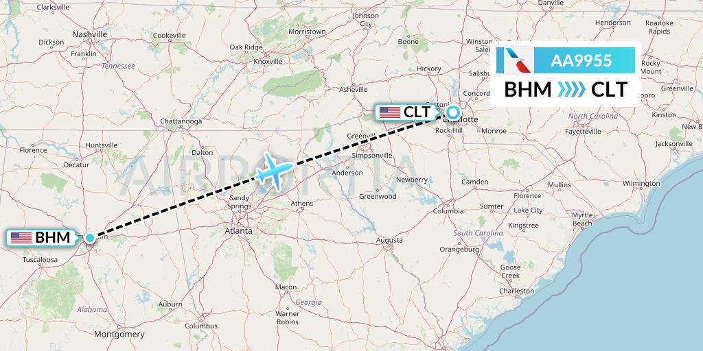 AA9955 American Airlines Flight Map: Birmingham to Charlotte