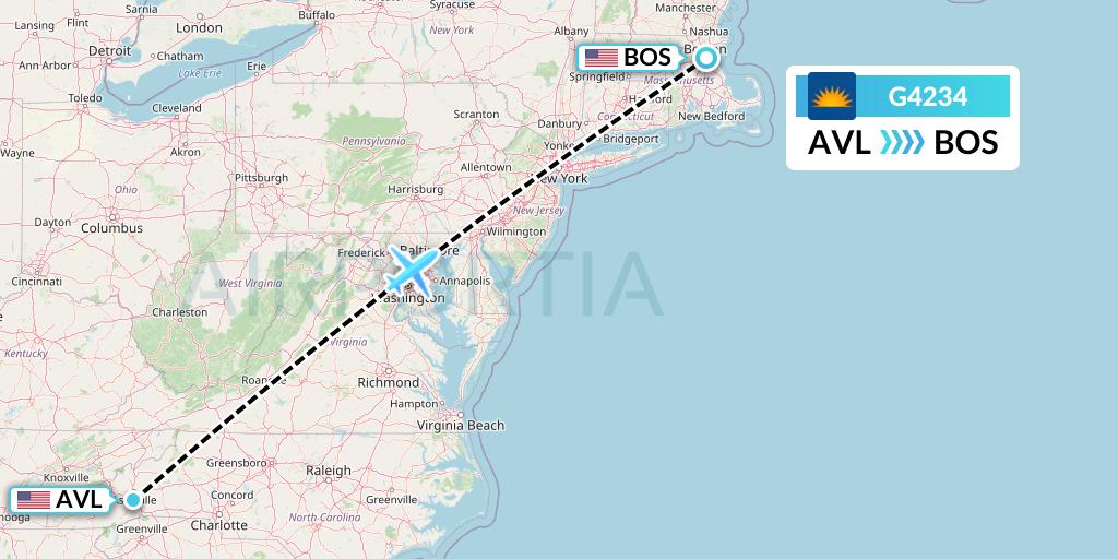 G4234 Allegiant Air Flight Map: Asheville to Boston