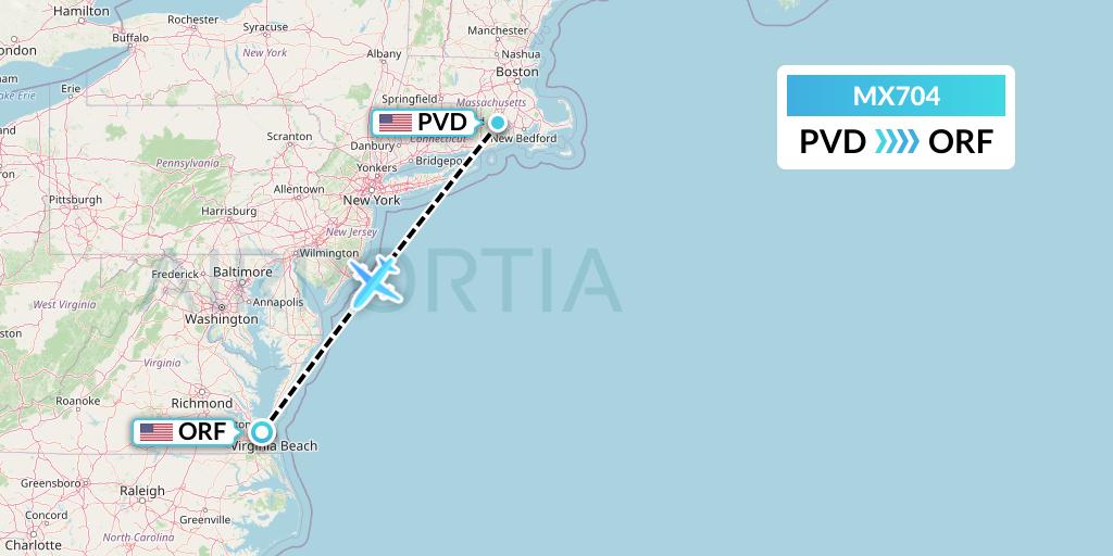 MX704 Breeze Airways Flight Map: Providence to Norfolk