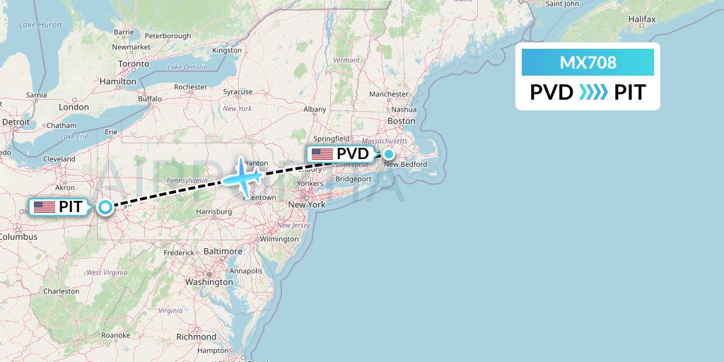 MX708 Breeze Airways Flight Map: Providence to Pittsburgh