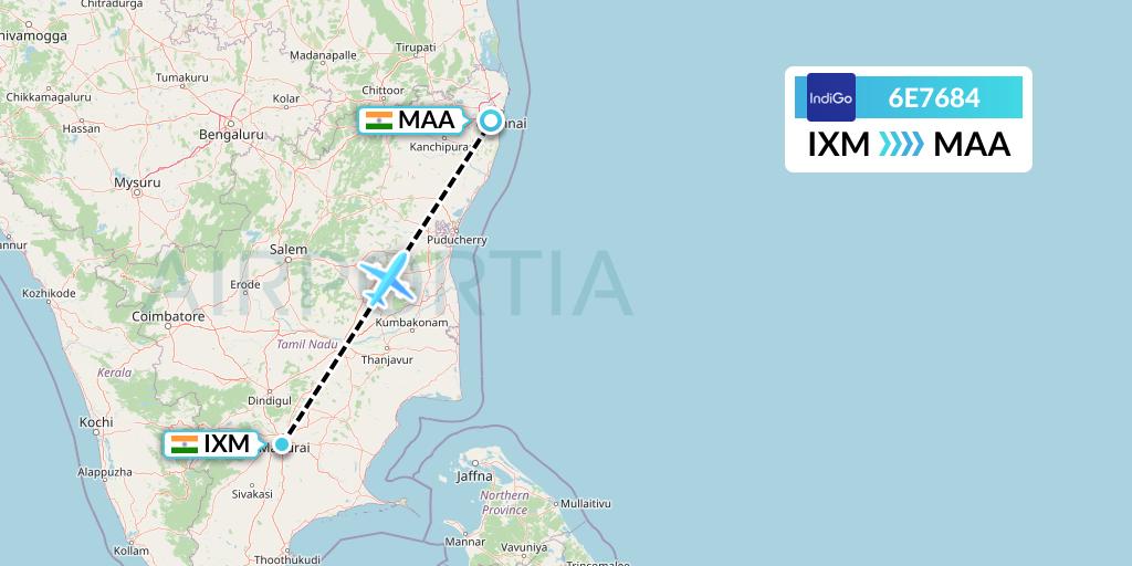 6E7684 IndiGo Airlines Flight Map: Madurai to Chennai