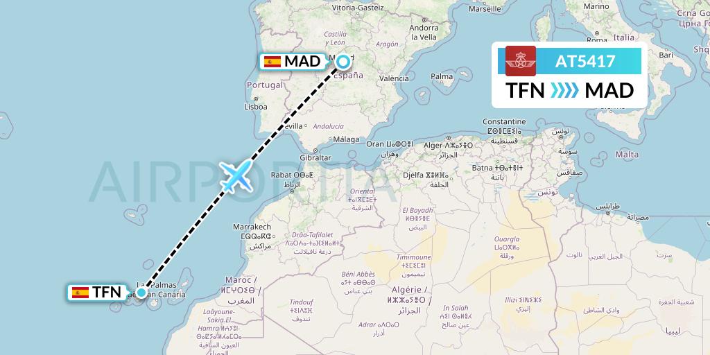 AT5417 Royal Air Maroc Flight Map: Tenerife to Madrid