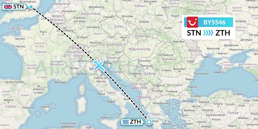 BY5546 TUI Airways Flight Map: London to Zakynthos