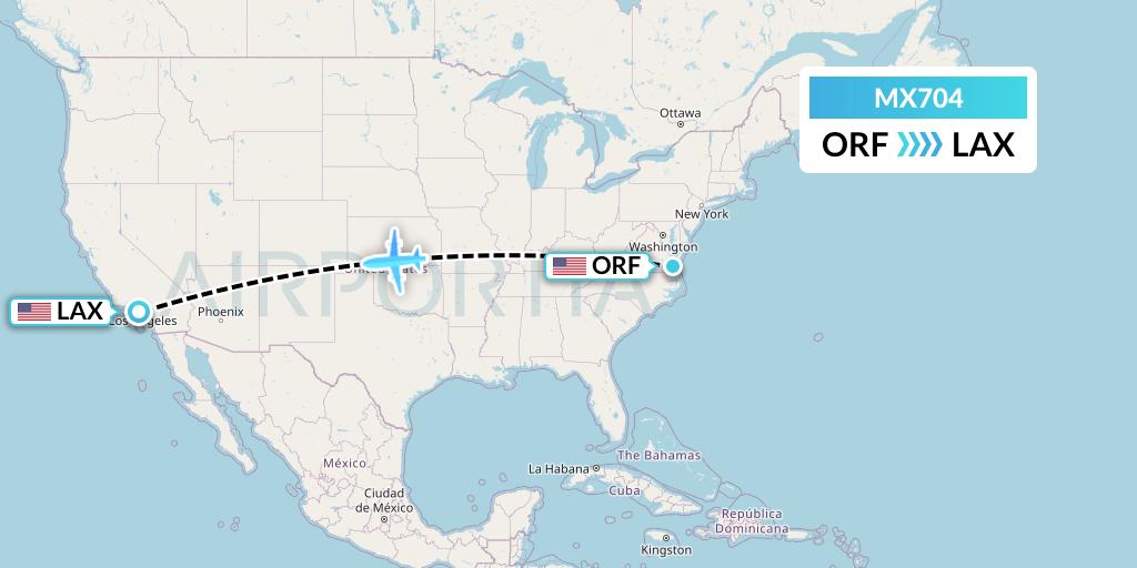 MX704 Breeze Airways Flight Map: Norfolk to Los Angeles