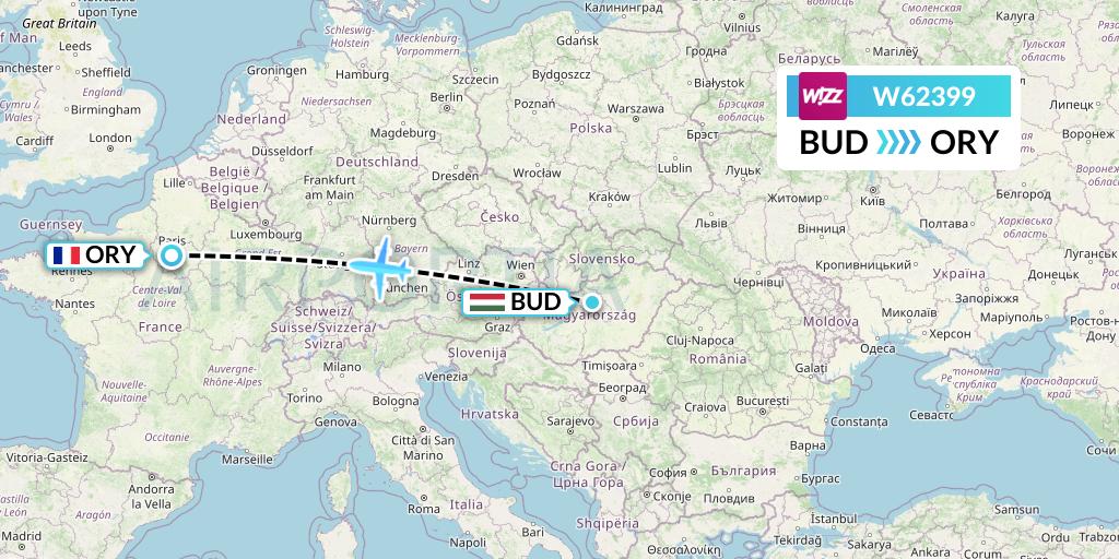 W62399 Wizz Air Flight Map: Budapest to Paris
