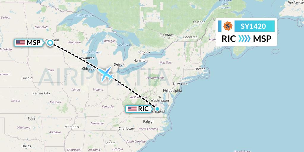 SY1420 Sun Country Airlines Flight Map: Richmond to Minneapolis