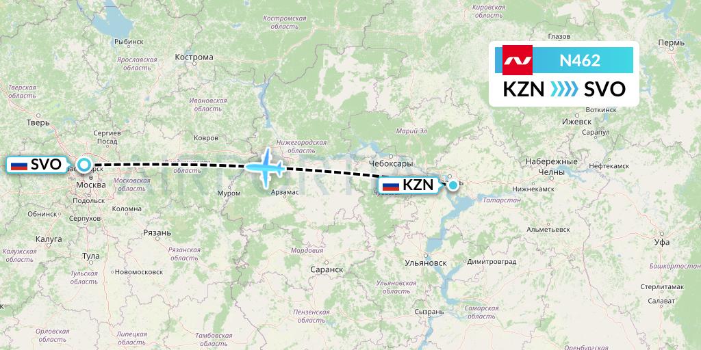 N462 Nordwind Airlines Flight Map: Kazan to Moscow