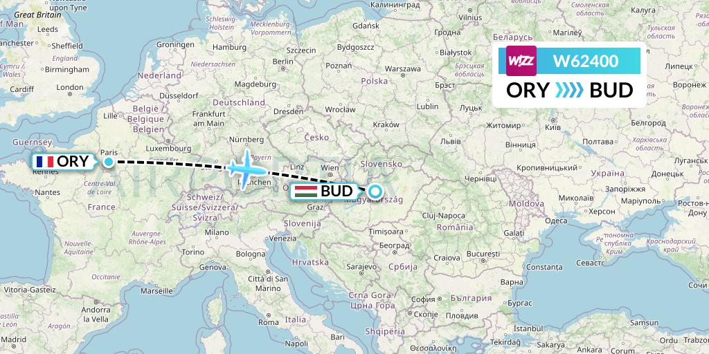 W62400 Wizz Air Flight Map: Paris to Budapest