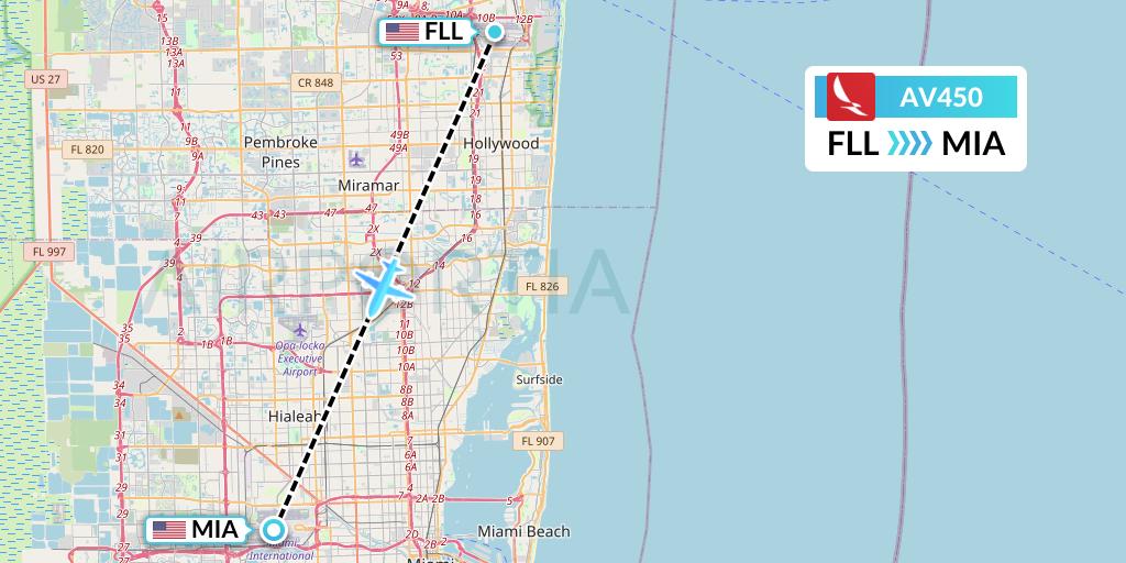 AV450 Avianca Flight Map: Fort Lauderdale to Miami