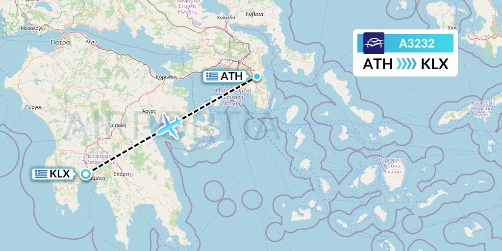 A3232 Aegean Airlines Flight Map: Athens to Kalamata