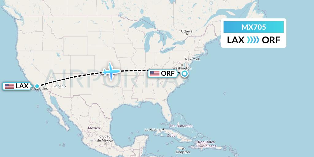 MX705 Breeze Airways Flight Map: Los Angeles to Norfolk