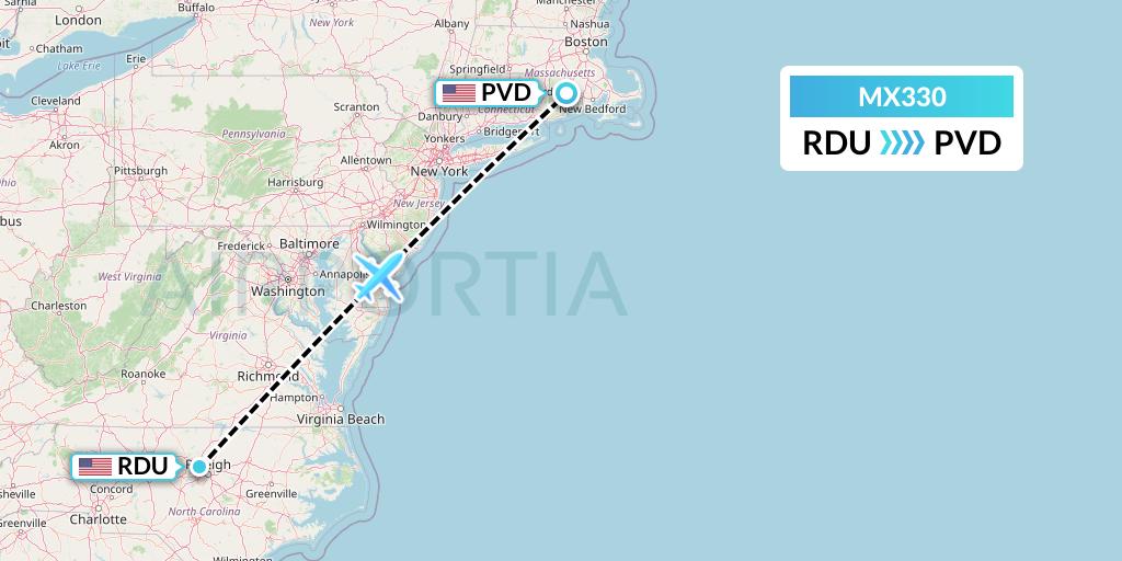 MX330 Breeze Airways Flight Map: Raleigh-Durham to Providence