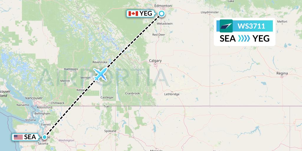 WS3711 WestJet Flight Map: Seattle to Edmonton