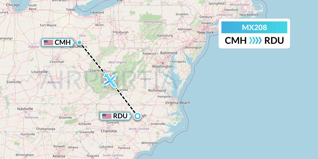 MX208 Breeze Airways Flight Map: Columbus to Raleigh-Durham
