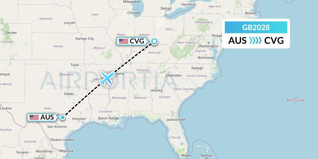 GB2028 ABX Air Flight Map: Austin to Cincinnati
