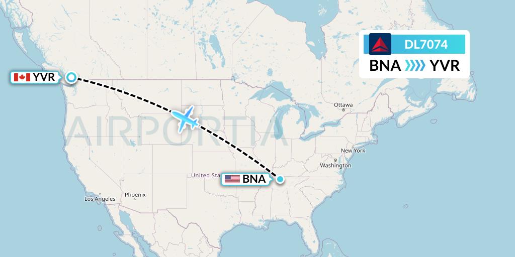 DL7074 Delta Air Lines Flight Map: Nashville to Vancouver