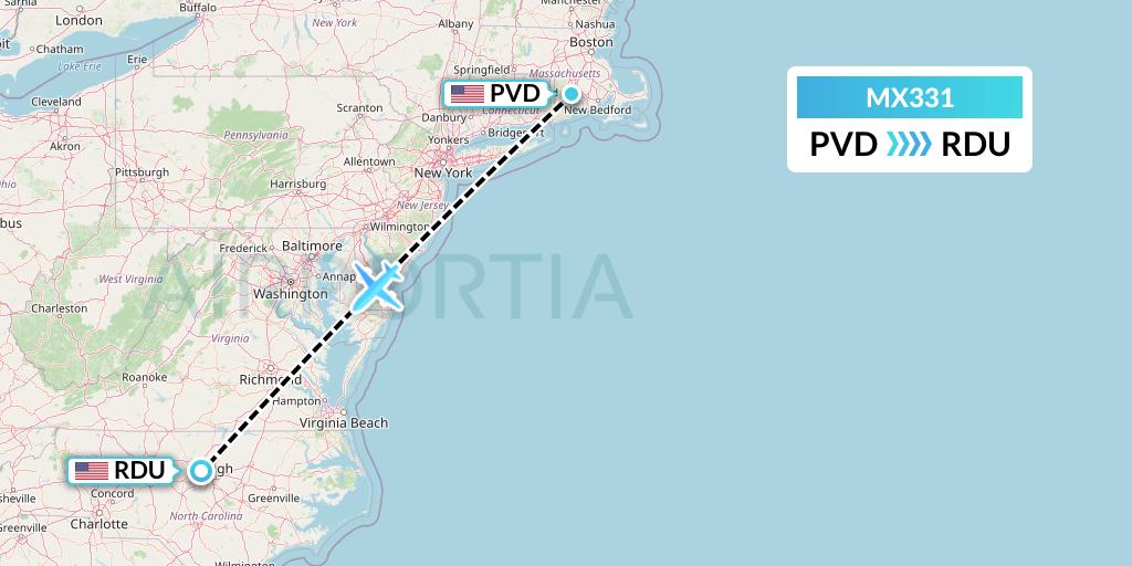 MX331 Breeze Airways Flight Map: Providence to Raleigh-Durham
