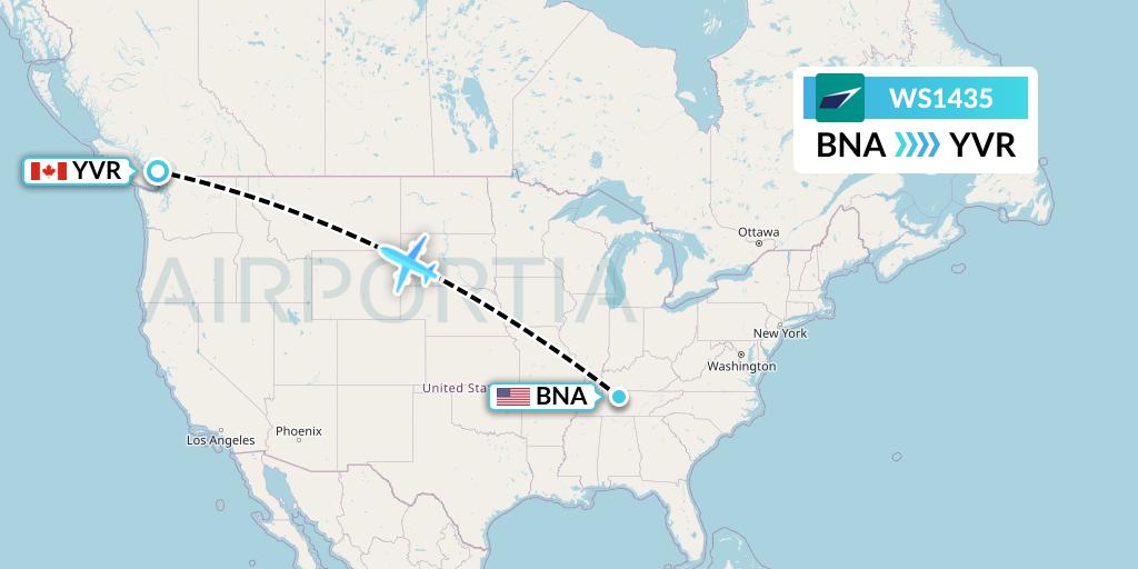WS1435 WestJet Flight Map: Nashville to Vancouver