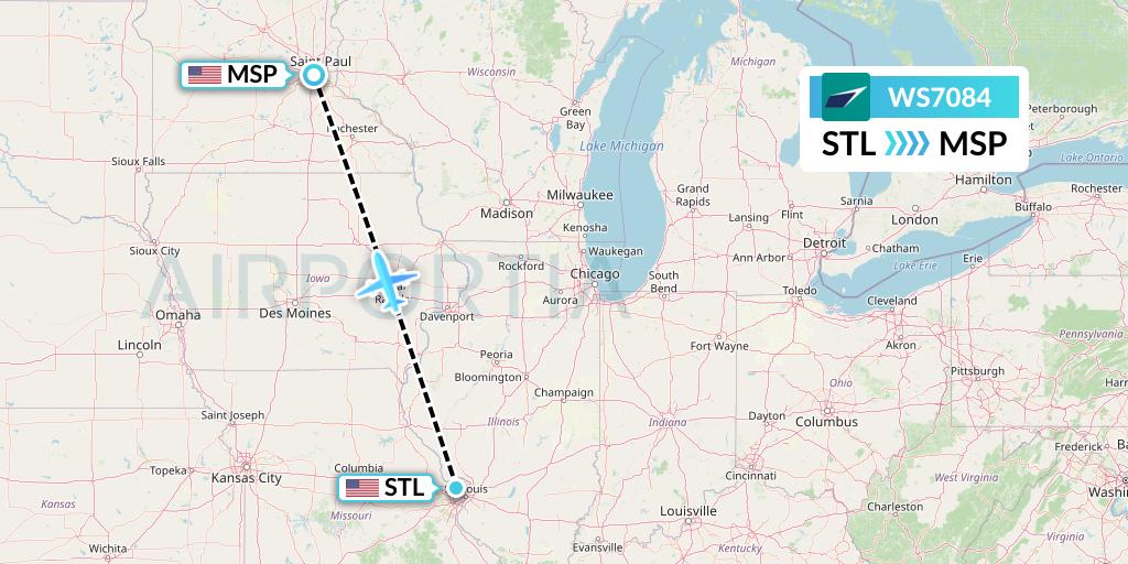 WS7084 WestJet Flight Map: St. Louis to Minneapolis