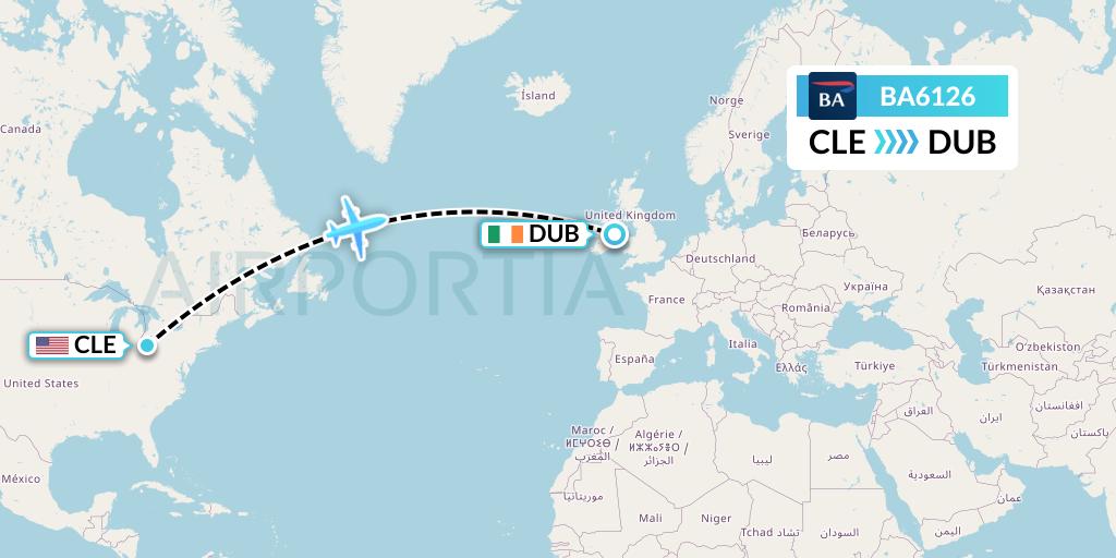 BA6126 British Airways Flight Map: Cleveland to Dublin