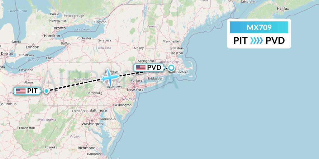 MX709 Breeze Airways Flight Map: Pittsburgh to Providence
